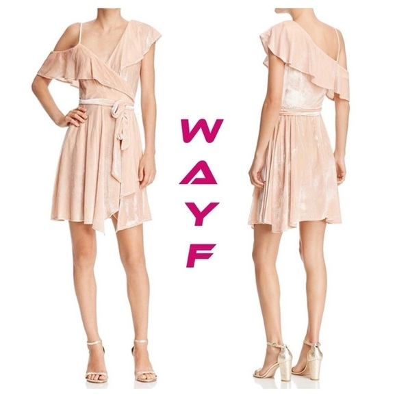 WAYF Cold-Shoulder Velvet Wrap Dress pink ties - Picture 1 of 15